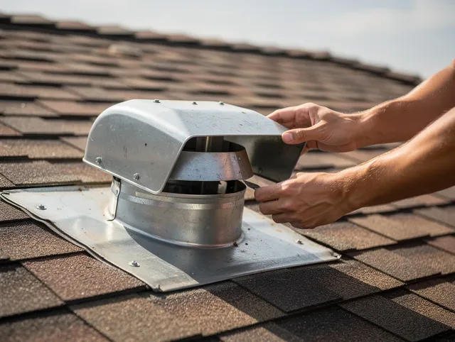 Dana Point Dryer Vent Cleaning certified technician safely cleaning a roof-mounted dryer vent in Dana Point