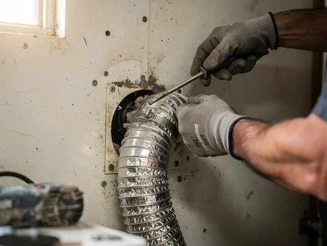 Dana Point Dryer Vent Cleaning technician performing precise dryer vent hose installation in Dana Point